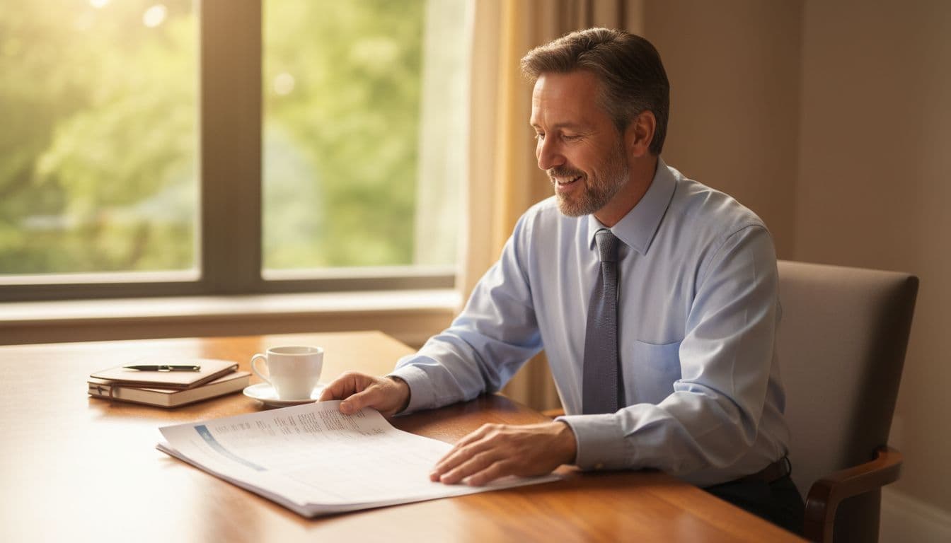 A friendly accountant or business owner at a wooden desk examining a printed balance sheet paper, one hand resting on the page, coffee cup and notebook nearby, warm natural light from window, realistic photo style, focus on relaxed concentration, exactly one person, no devices with screens, no text on paper visible, no extra people or objects.