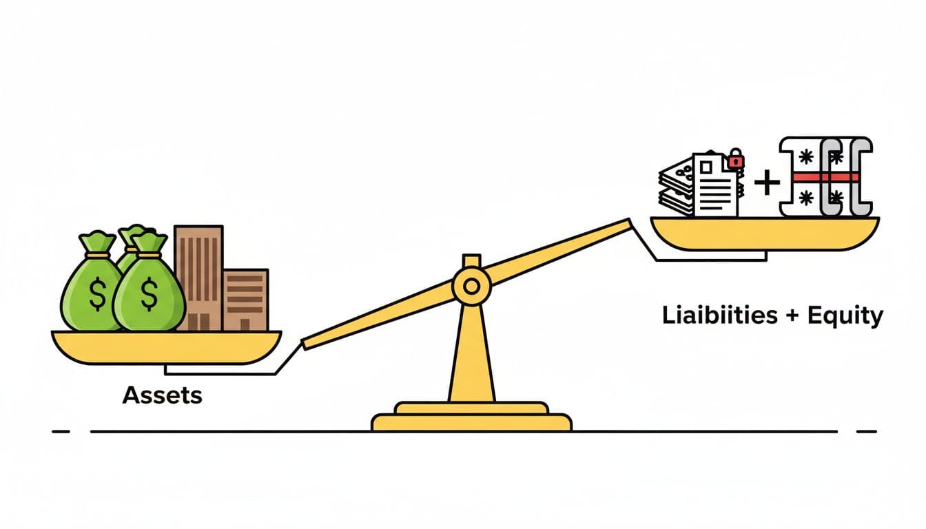 Simple balance scale diagram showing total assets side heavier but balanced by Liabilities + Equity using icons like money bags, buildings, debt papers, and stock certificates. Clean illustrative style with bright colors on white background.