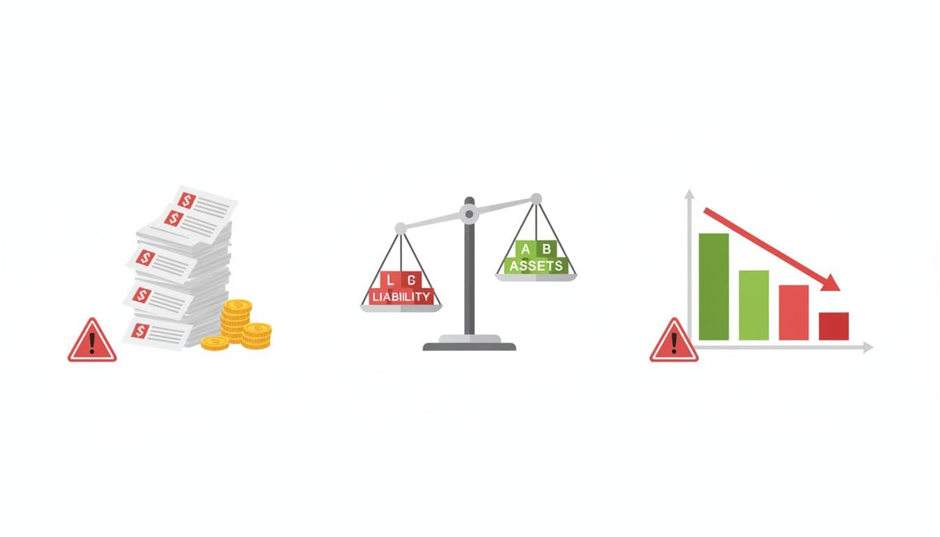 Visual icons for balance sheet red flags: tall stack of debt papers next to small cash pile, unbalanced scale with heavy liabilities, shrinking asset bar graph, simple flat vector illustration with red warning accents.