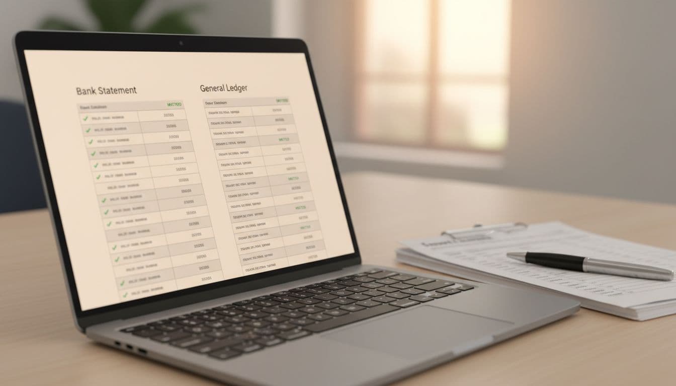 Close-up of a laptop screen showing a bank reconciliation interface with matching transactions, next to a printed bank statement and pen on a desk under soft office lighting.
