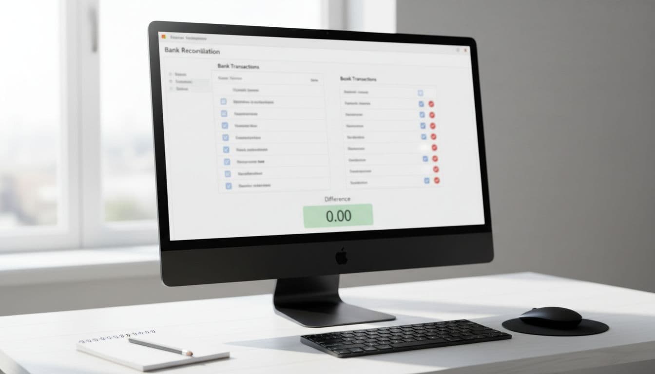 Desktop computer screen showing bank reconciliation interface in accounting software with zero difference highlighted, unchecked transactions visible, on modern office desk with keyboard, mouse, and notepad, realistic photo with natural lighting.