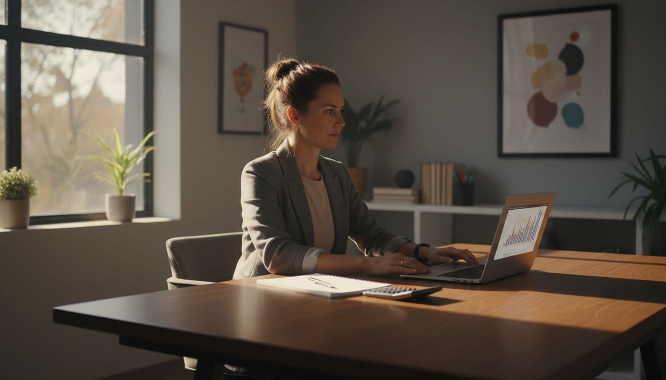 Business owner sitting relaxed at modern desk in home office with laptop open to financial dashboard, notepad and calculator nearby, illuminated by afternoon window light in realistic professional photo style.