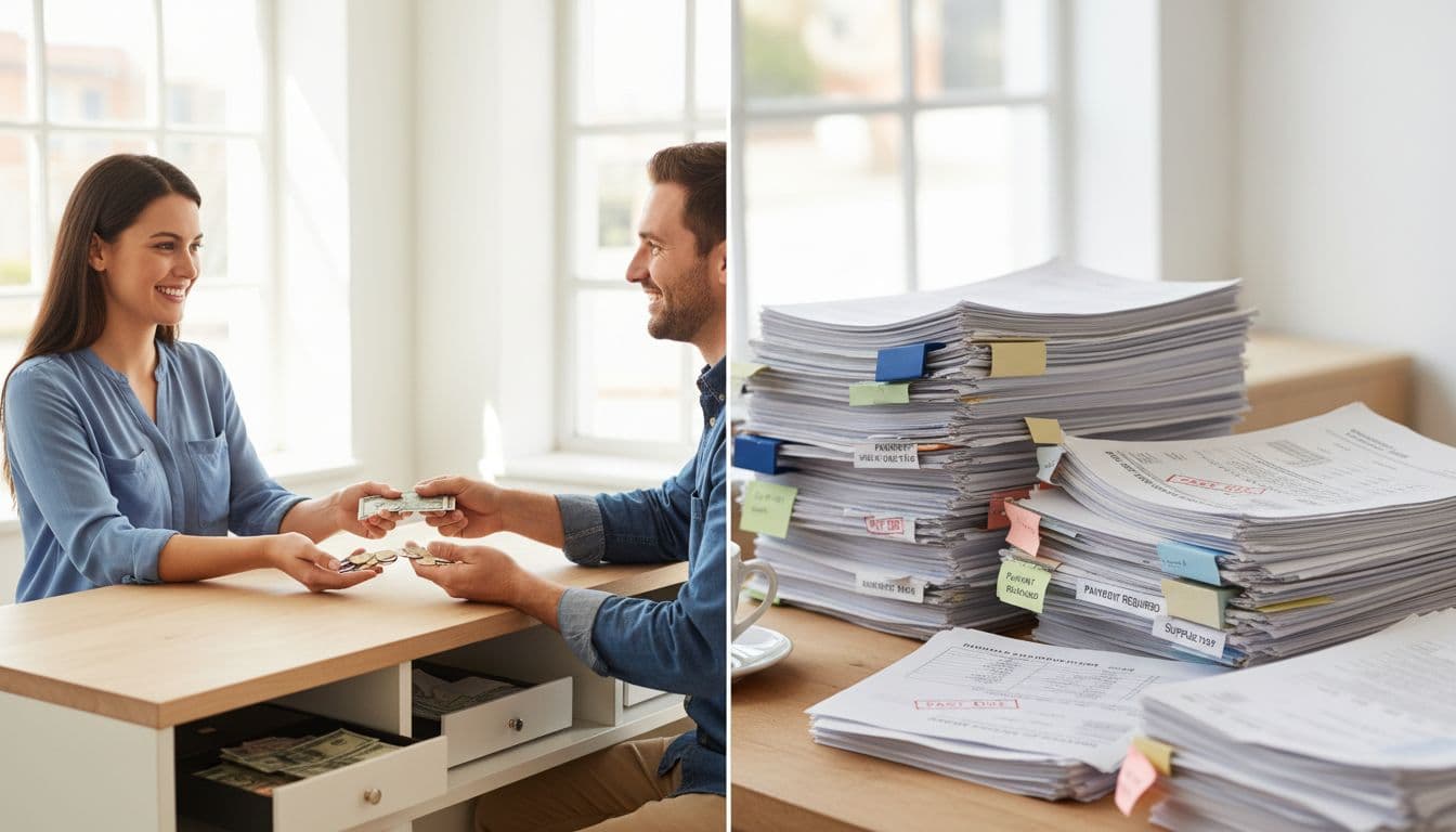 Split composition in a bright small business office: left half depicts a service provider receiving cash from a smiling customer across a counter; right half shows a desk piled with unpaid invoices and supplier bills.