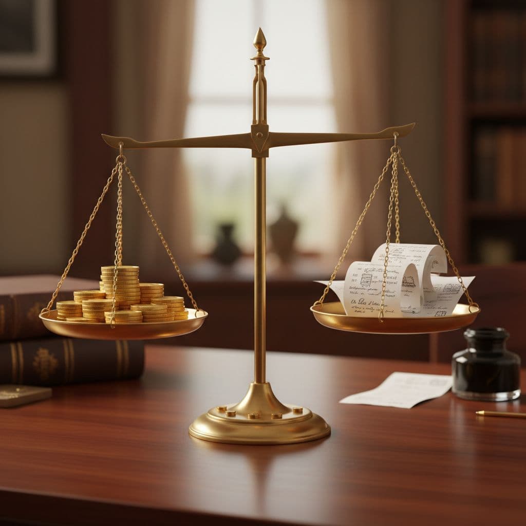 Visual metaphor of double-entry accounting depicted as a perfectly balanced old-fashioned scale with golden coins representing cash on one pan and paper receipts representing expenses on the other, set on a polished wooden desk with soft studio lighting.