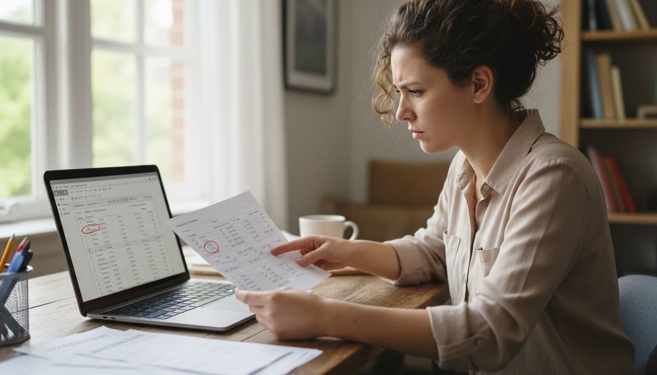 A small business owner in a home office compares a printed bank statement with accounting software on a laptop screen, mismatched numbers highlighted in red, showing frustration.