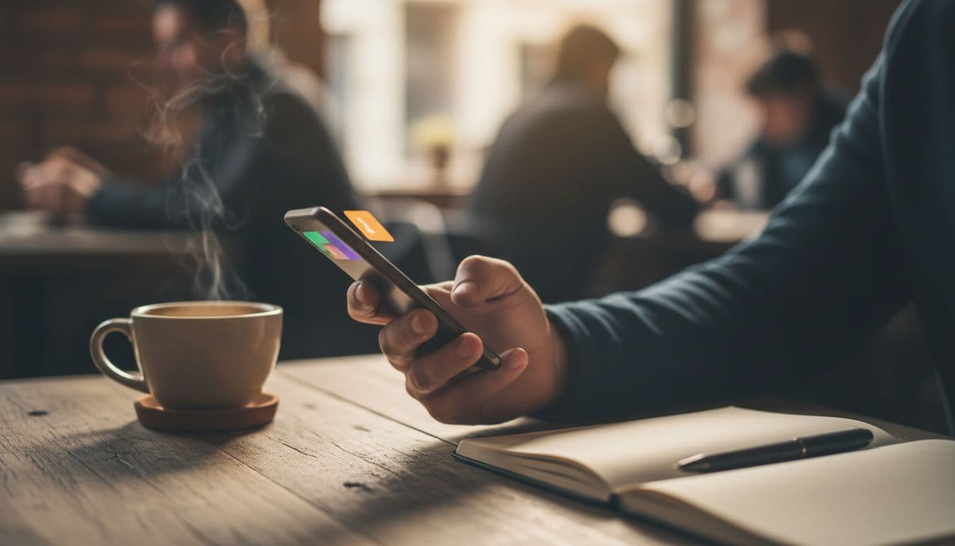 Close-up of a hand relaxedly holding a smartphone displaying a blurred peer-to-peer payment notification for business service received, on a wooden cafe table with steaming coffee mug and open notebook with pen in a casual small business owner setting. Realistic photograph with warm natural indoor lighting, no other people or devices visible.