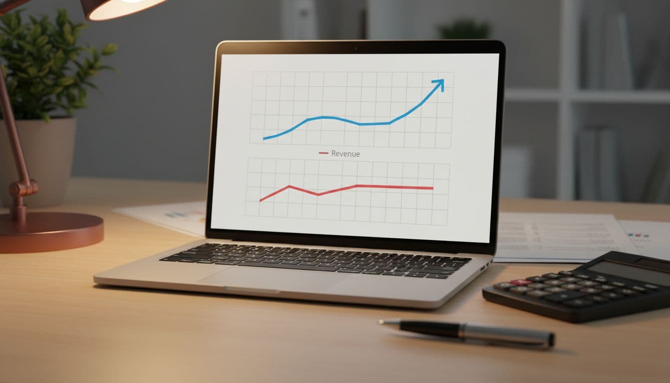 Realistic photo of an office desk featuring a laptop displaying simple line graphs showing increasing revenue and stable expenses on a profit and loss report, with a calculator, pen, and warm desk lamp nearby. No people, readable text, watermarks, or logos present.