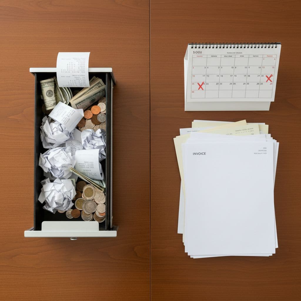 Clean top-down view of an office desk split in two: left side features an open cash register drawer with receipts and coins; right side shows a calendar marked with due dates, stack of checks and invoices. Professional simple setup in realistic style with bright even lighting, no people, text, or logos.