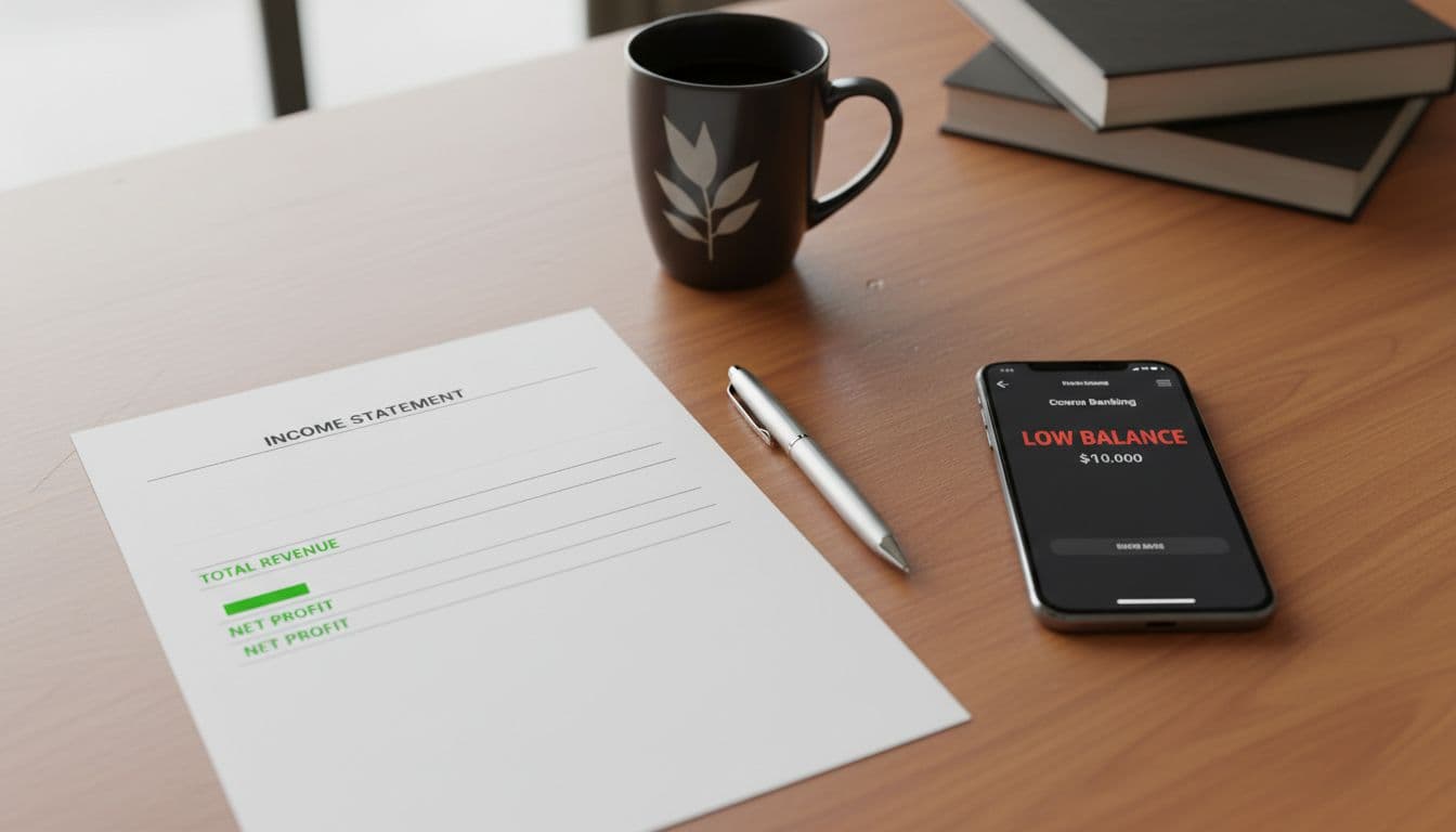 Split top-down scene on wooden office desk: left side printed income statement with green-highlighted profits, right side smartphone app showing red low bank balance, coffee mug and pen nearby, realistic natural light.