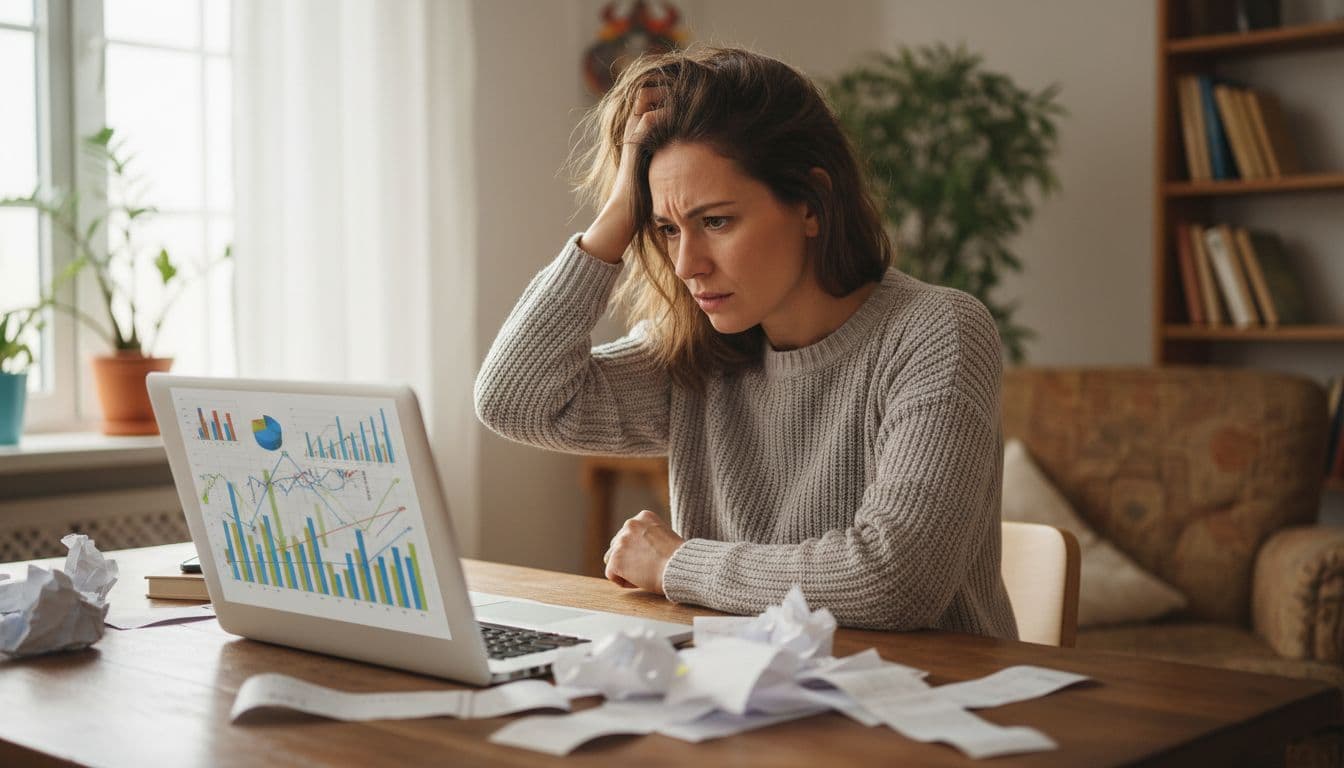 Small business owner sitting at desk in cozy office, scratching head with puzzled expression while staring at colorful confusing cash flow charts on laptop screen, scattered receipts around.