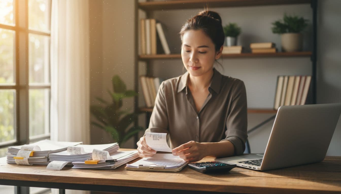 A small business owner at a wooden desk in a home office sorts paper receipts, bank statements, and invoices into neat piles next to a laptop and calculator, bathed in natural daylight and warm lighting.