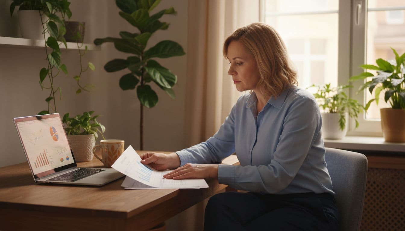 A middle-aged woman in casual business attire sits thoughtfully at her home office desk, examining a simple balance sheet printout and laptop charts in a cozy room with plants and a coffee mug, realistic photo with soft warm lighting.