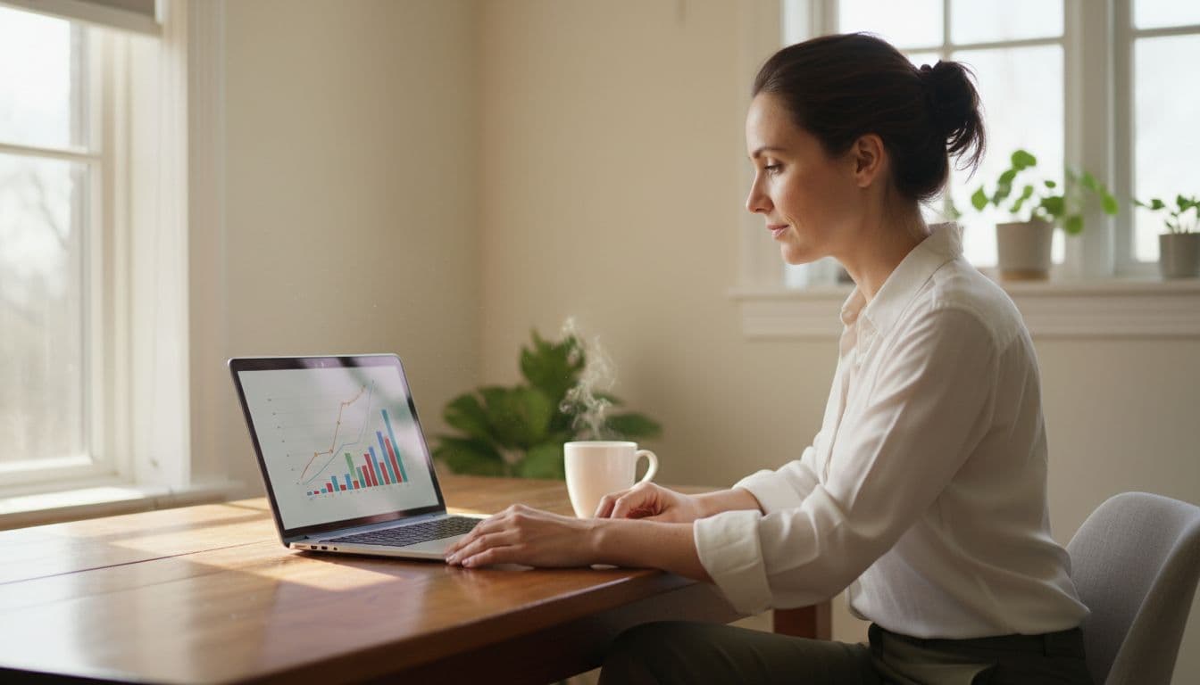 A small business owner sits at a wooden desk in a bright home office, confidently reviewing a profit and loss statement on an open laptop with natural window light illuminating the scene and a coffee mug nearby.