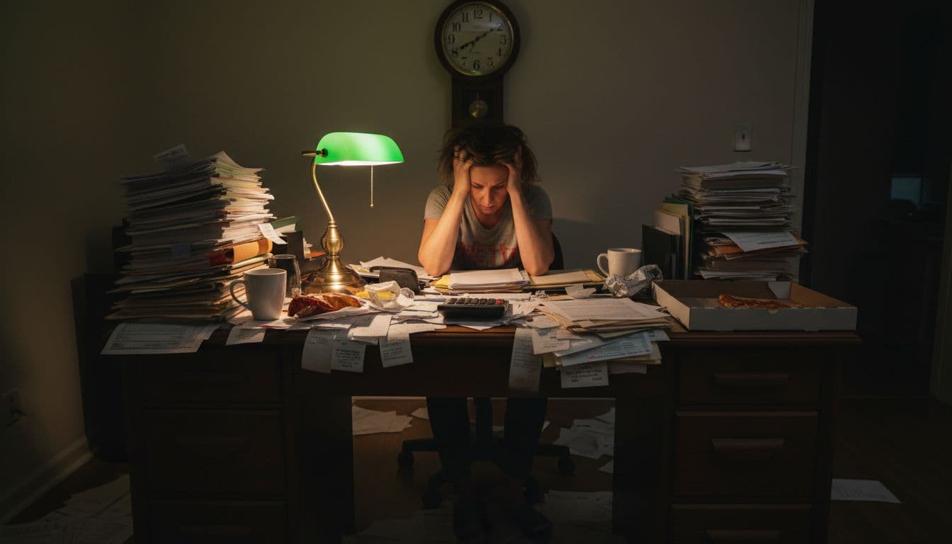 A worried small business owner late at night in a dimly lit home office, head in hands amid stacks of tax forms, receipts, and a calculator on a disorganized desk, clock showing 11 PM.