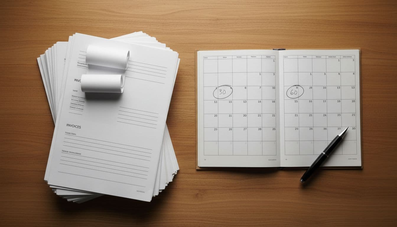 Top-down realistic photograph of a wooden office desk with a stack of paper invoices next to an open calendar marked for 30 and 60 days, subtle aging indicators, soft overhead lighting, and a pen.